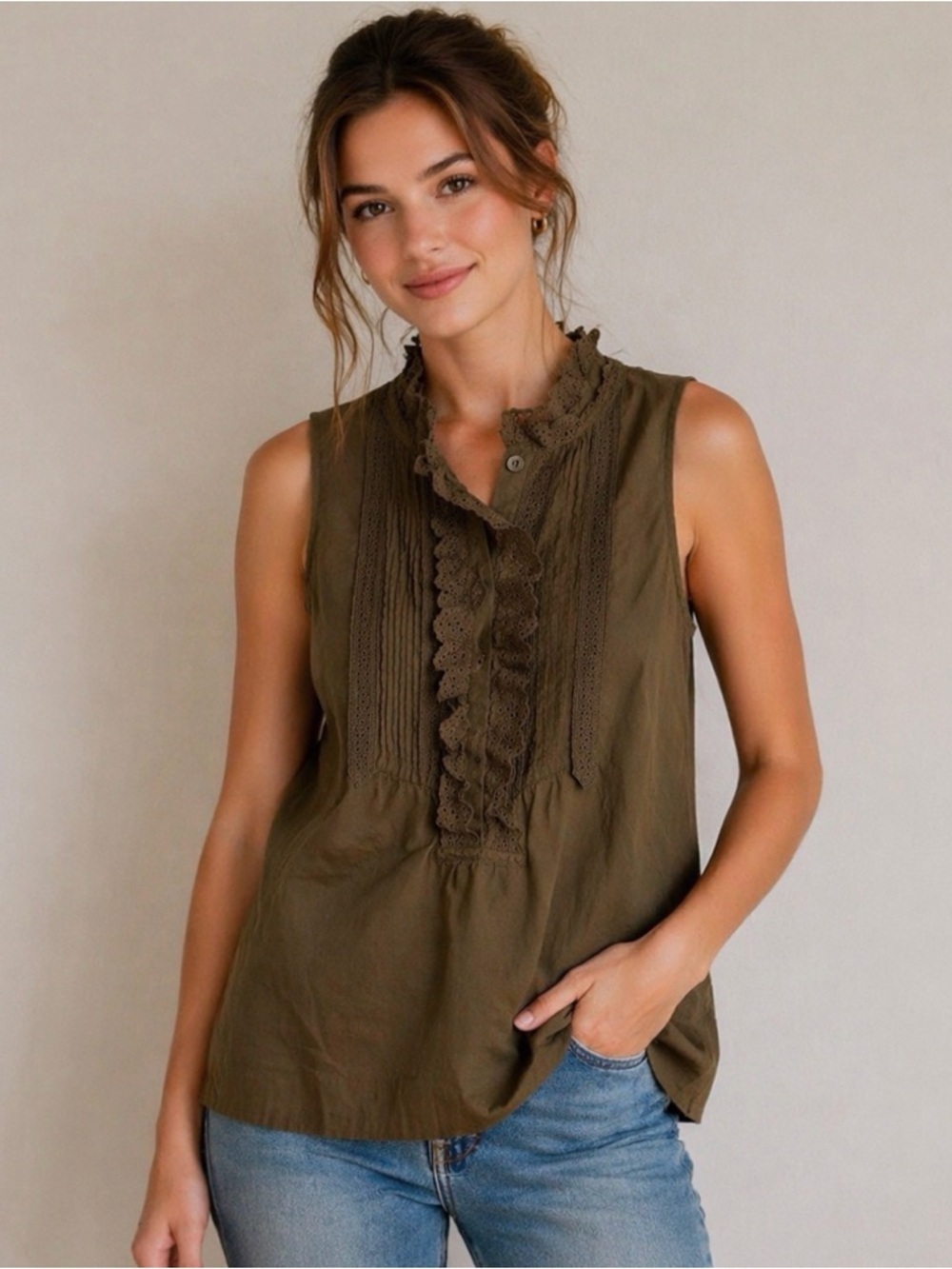 EUC J. Crew Olive Ruffle Blouse